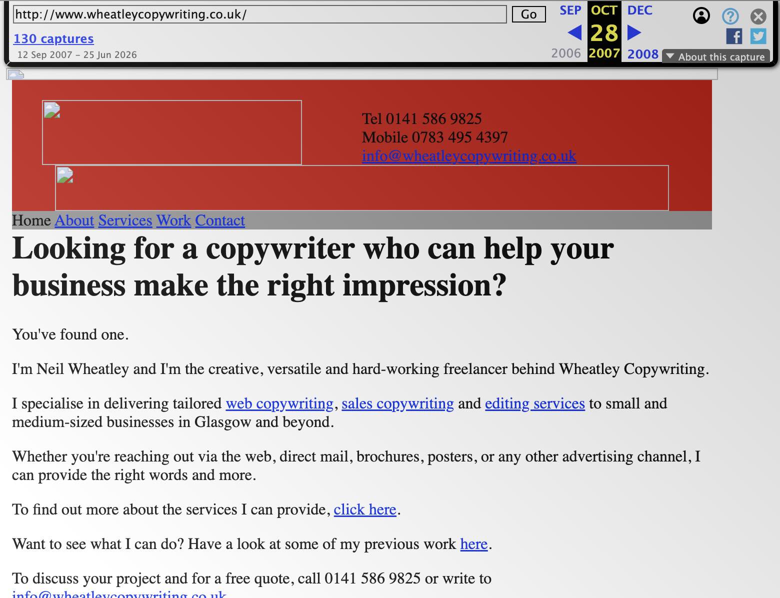 Snapshot of wheatleycopywriting.co.uk from October 2007